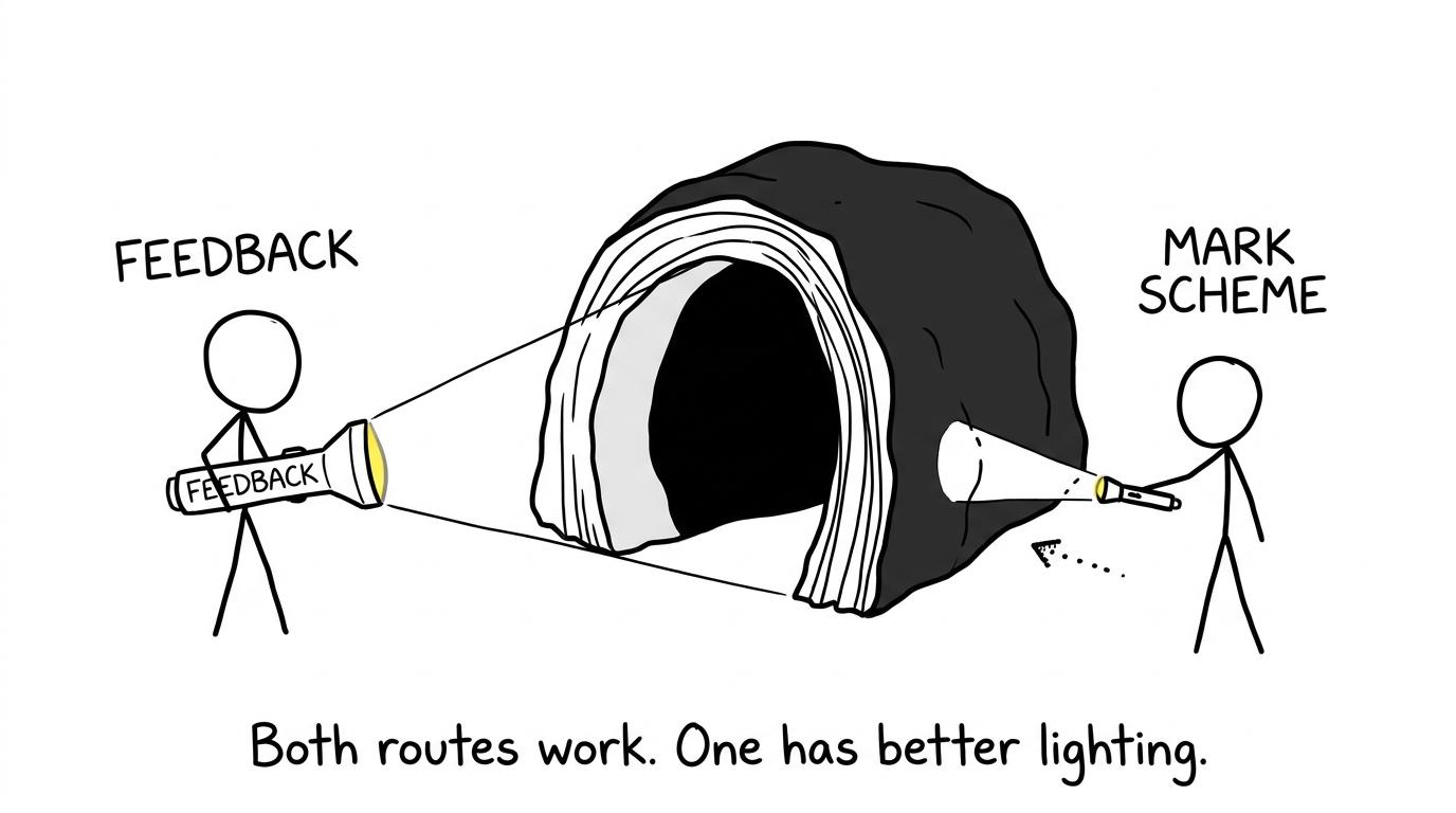 A teacher and self-study learner illuminating an essay with different feedback torches