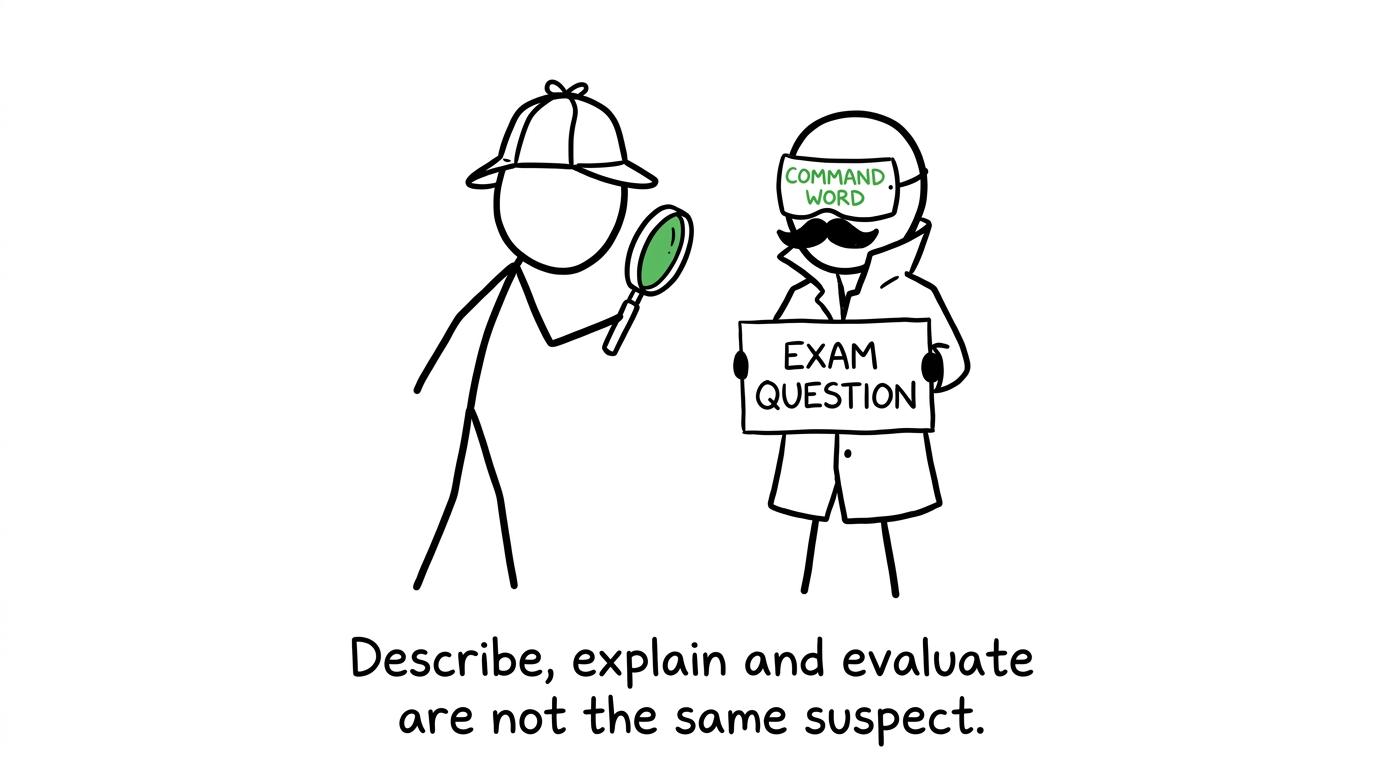 An exam command word disguises itself while a student investigates