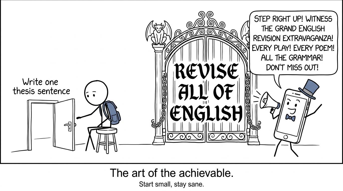A student choosing a tiny revision door instead of an overwhelming gate