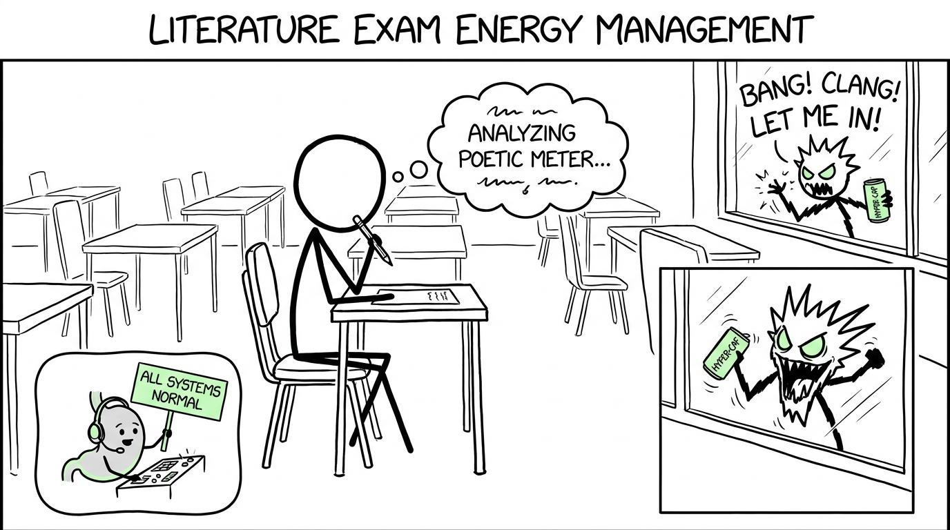 A calm student's stomach reports that all systems are normal while an energy drink gremlin waits outside