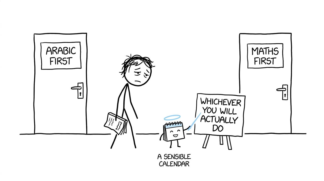 A student choosing between Arabic first and maths first while a calendar offers a more practical answer