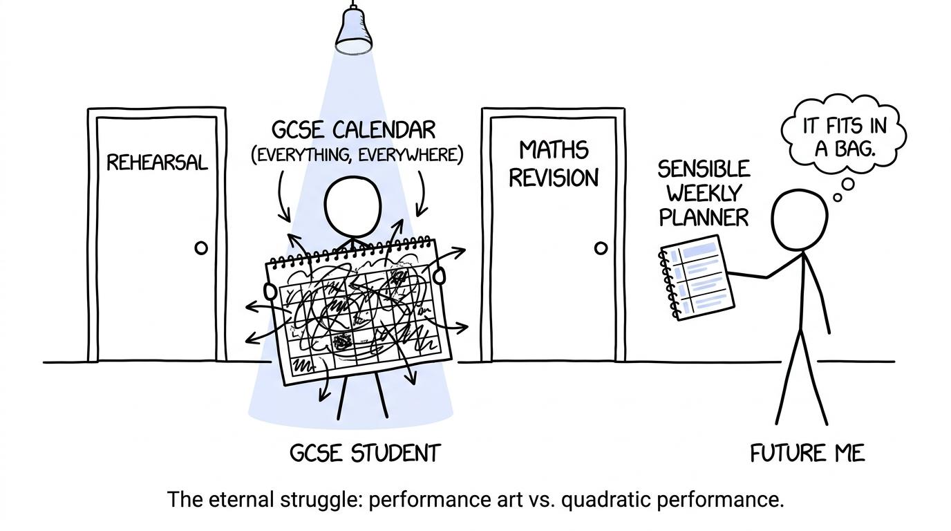 A student tries to balance rehearsals and maths revision