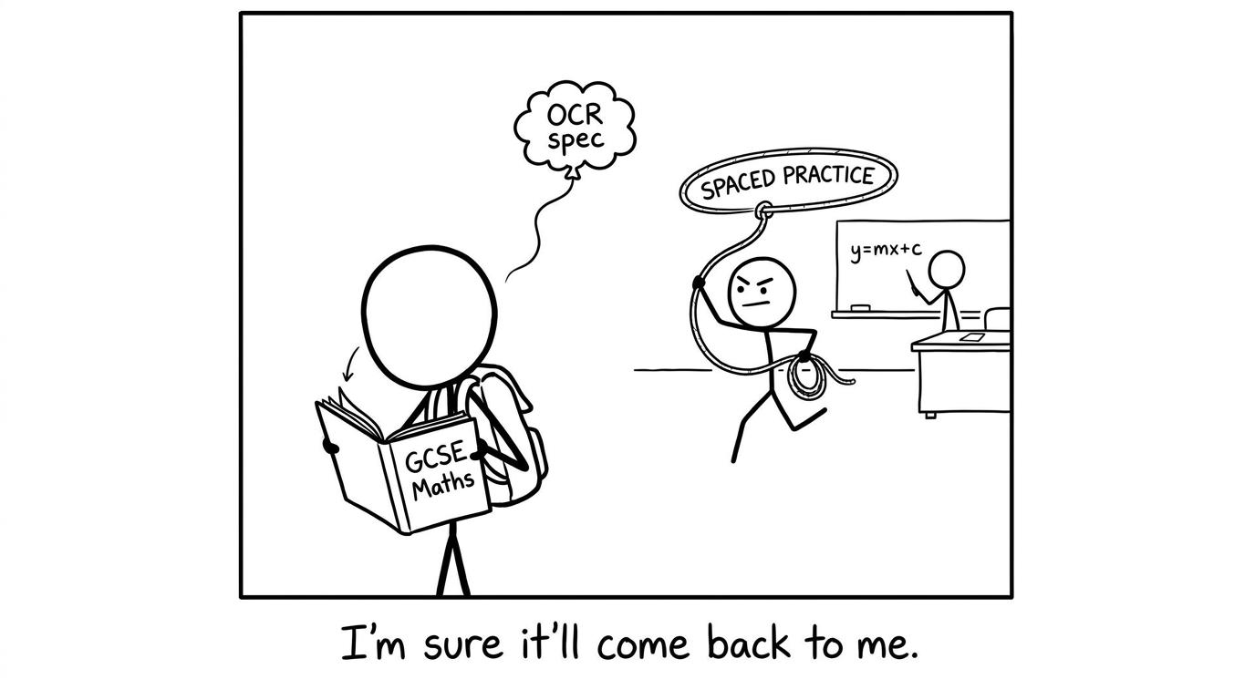 A stick figure chases the OCR spec balloon with spaced practice