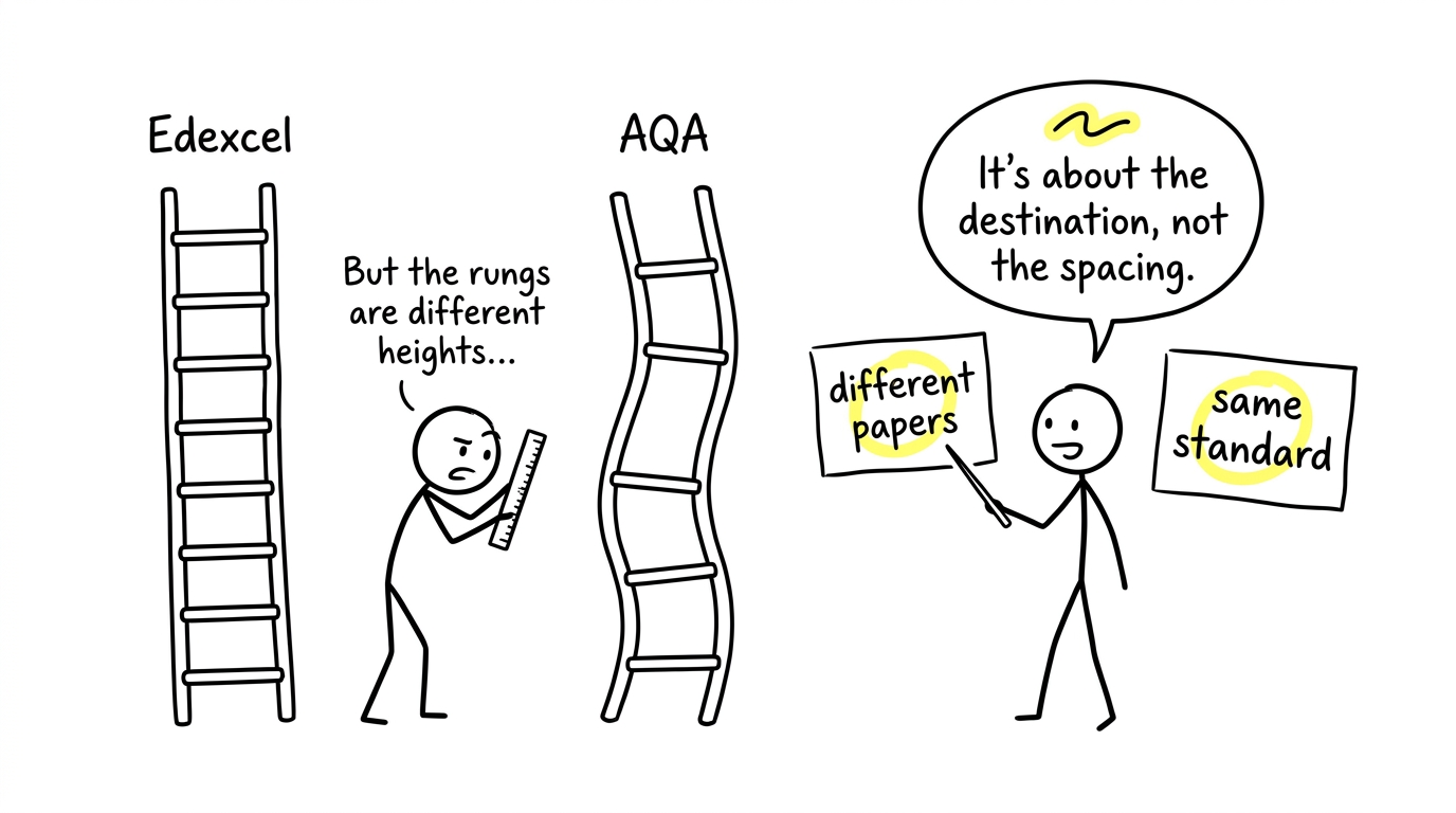 A student comparing two different ladders labelled Edexcel and AQA