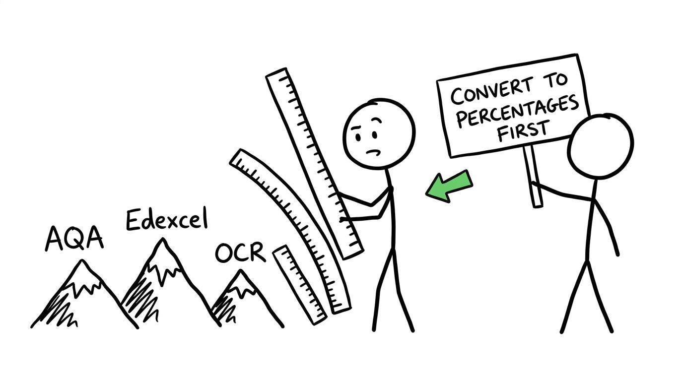 A student compares different exam boards using rulers with different scales