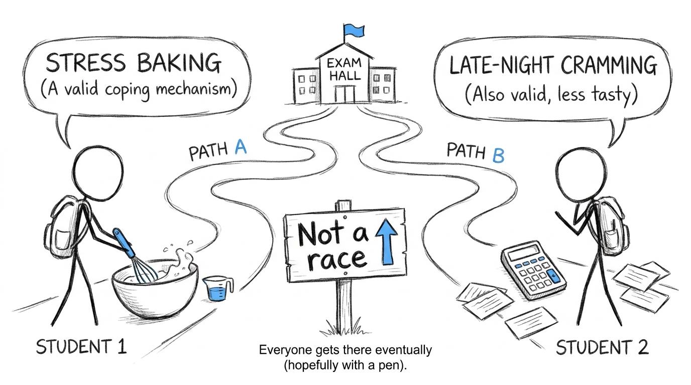 Two students follow different winding revision paths towards the same exam hall