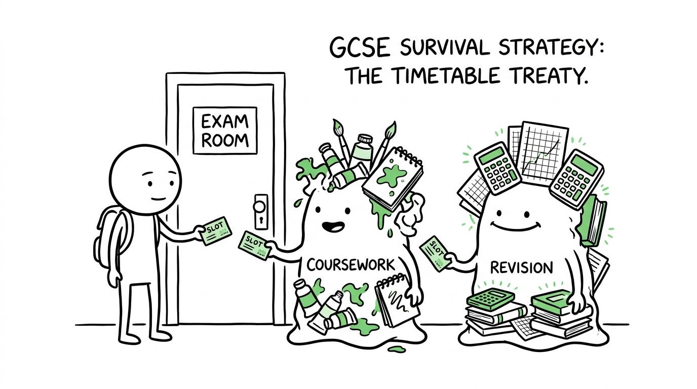 A student calmly assigning timetable slots to coursework and revision monsters