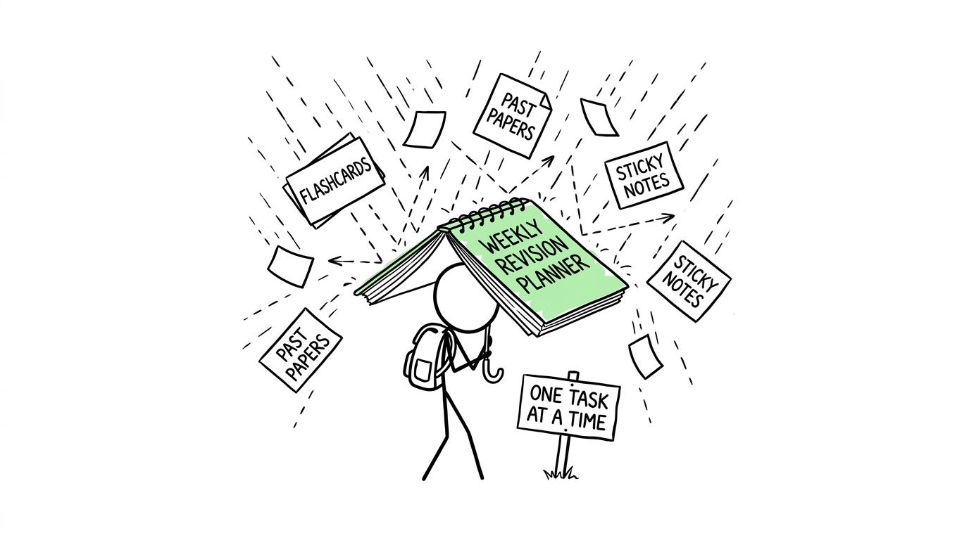 A weekly revision planner protecting a student from a storm of flashcards and papers