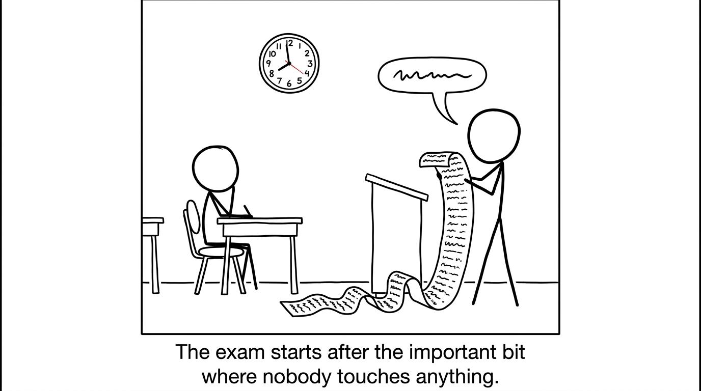 An invigilator reads instructions from a comically long scroll before the exam