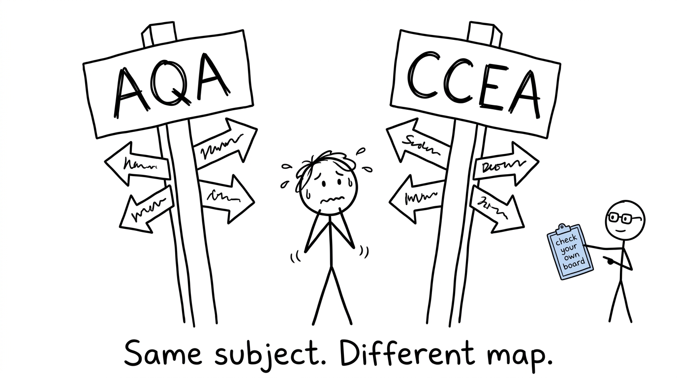 A student choosing between AQA and CCEA results-day signposts