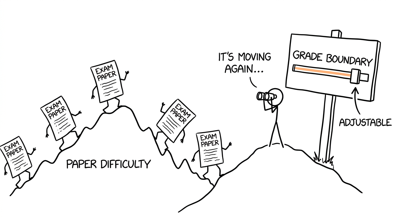 Exam papers cross a difficulty hill while the grade-boundary sign moves