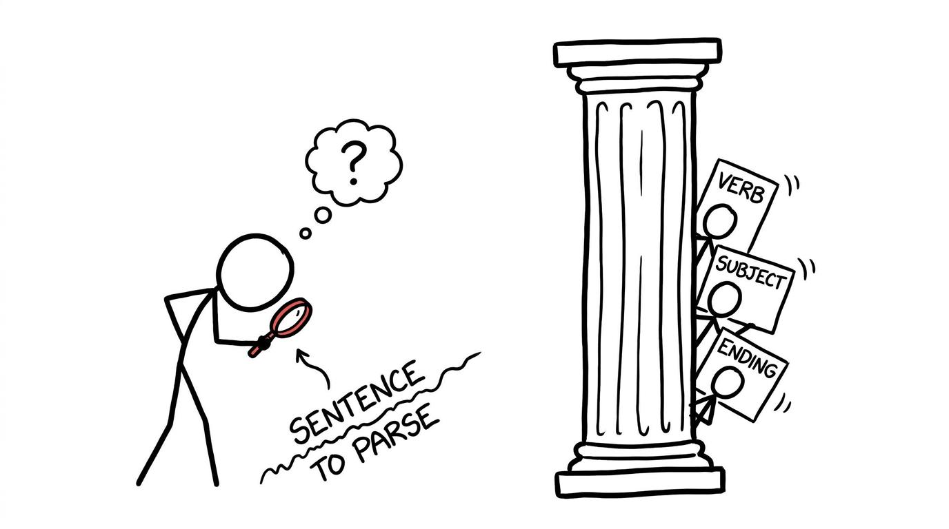 A Latin student acting as a detective while grammatical clues try to hide