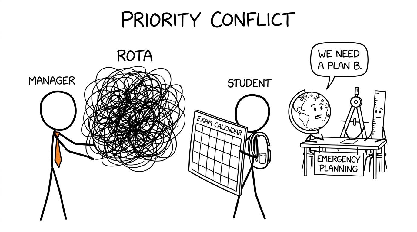 A student uses an exam calendar as a shield against a tangled shift rota