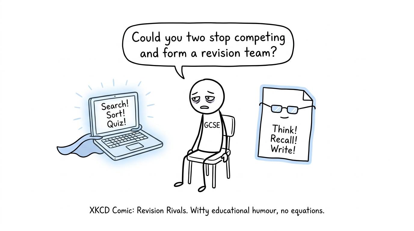 A student asks a laptop and paper to become a revision team
