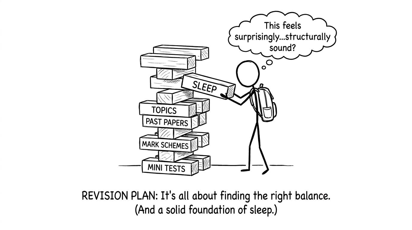 A student builds a revision plan out of Jenga blocks