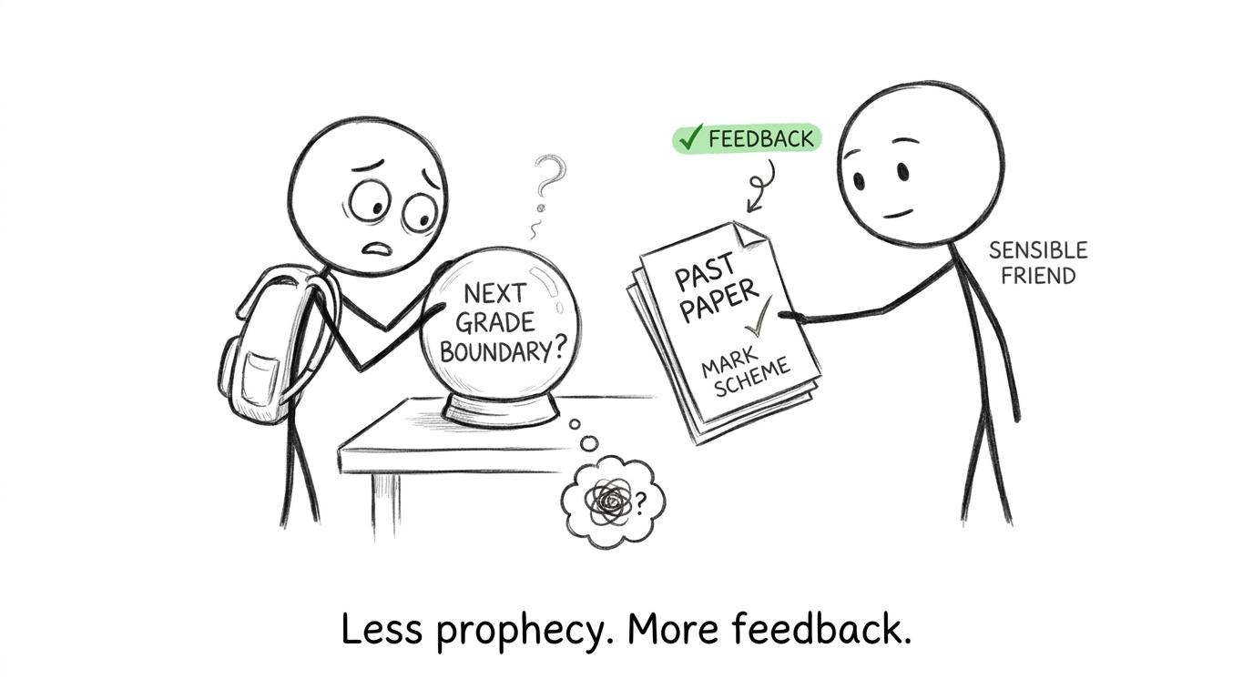 A crystal ball being replaced by a past paper and mark scheme