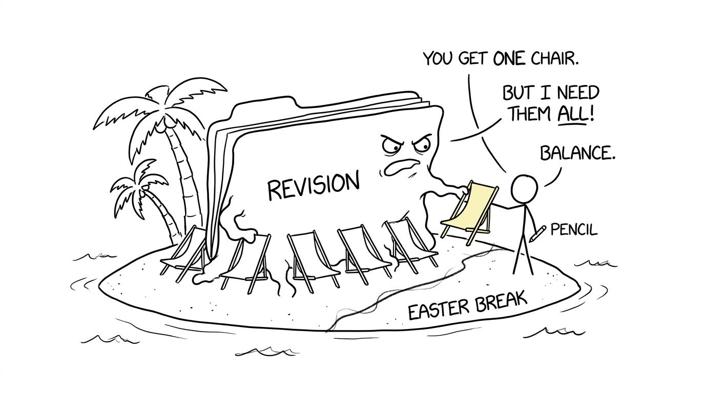 A revision folder negotiates for one deckchair on a student's peaceful holiday island