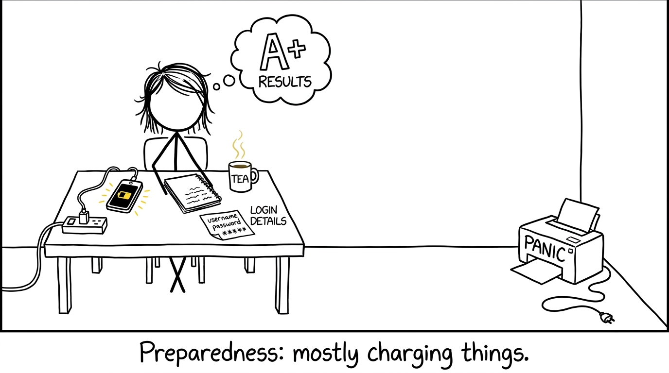 A prepared student treats login details and a charged phone like results-day superhero equipment