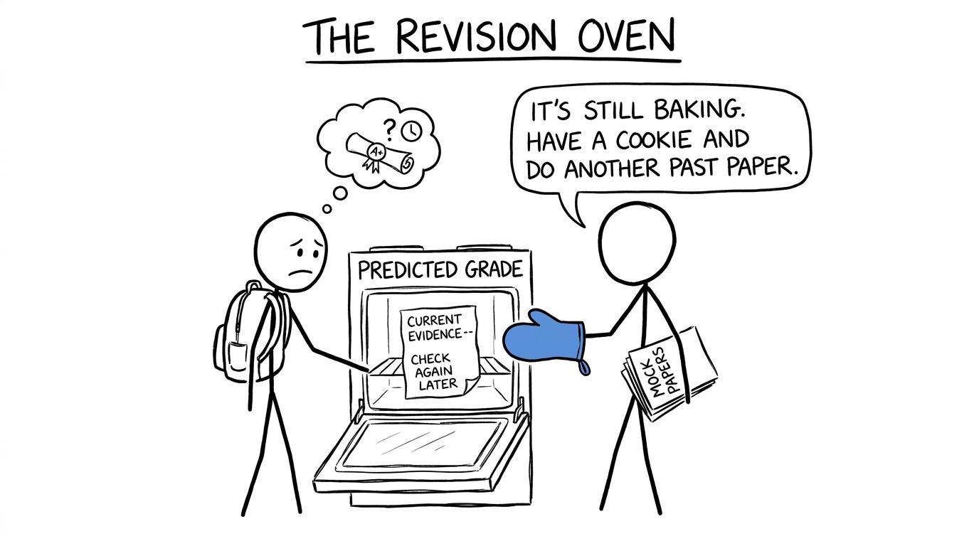 A predicted-grade oven contains a note explaining that the evidence may change