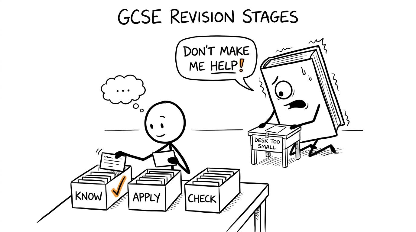 A calm student sorts revision into Know, Apply and Check while a giant textbook panics