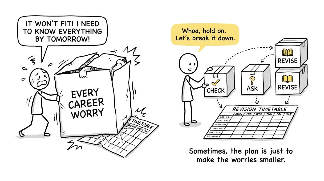 A student turns one giant box of career worries into three manageable boxes labelled Check, Ask and Revise