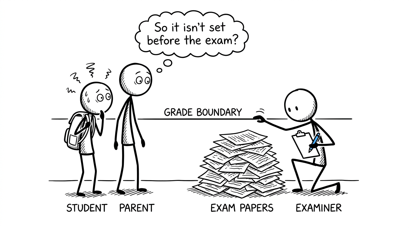A student and parent discover that grade boundaries are not set before the exam
