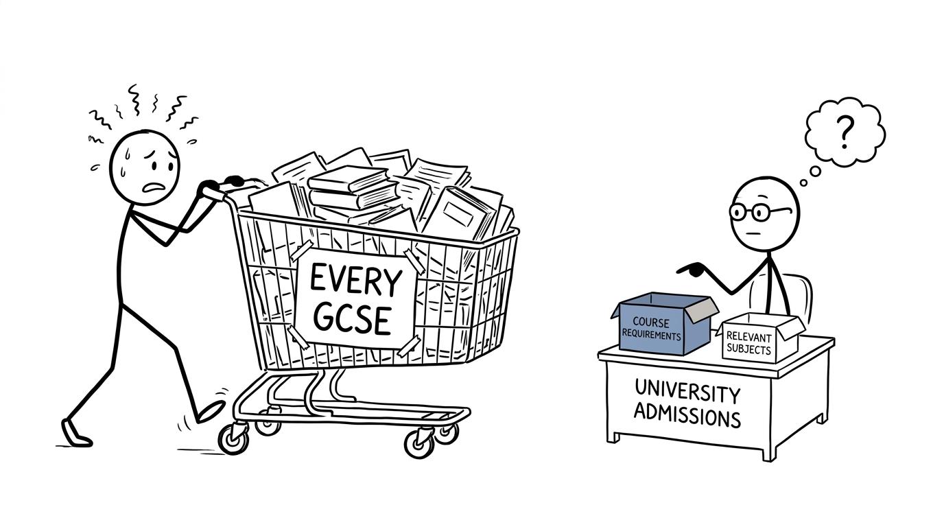 A student carrying every GCSE towards a university admissions desk