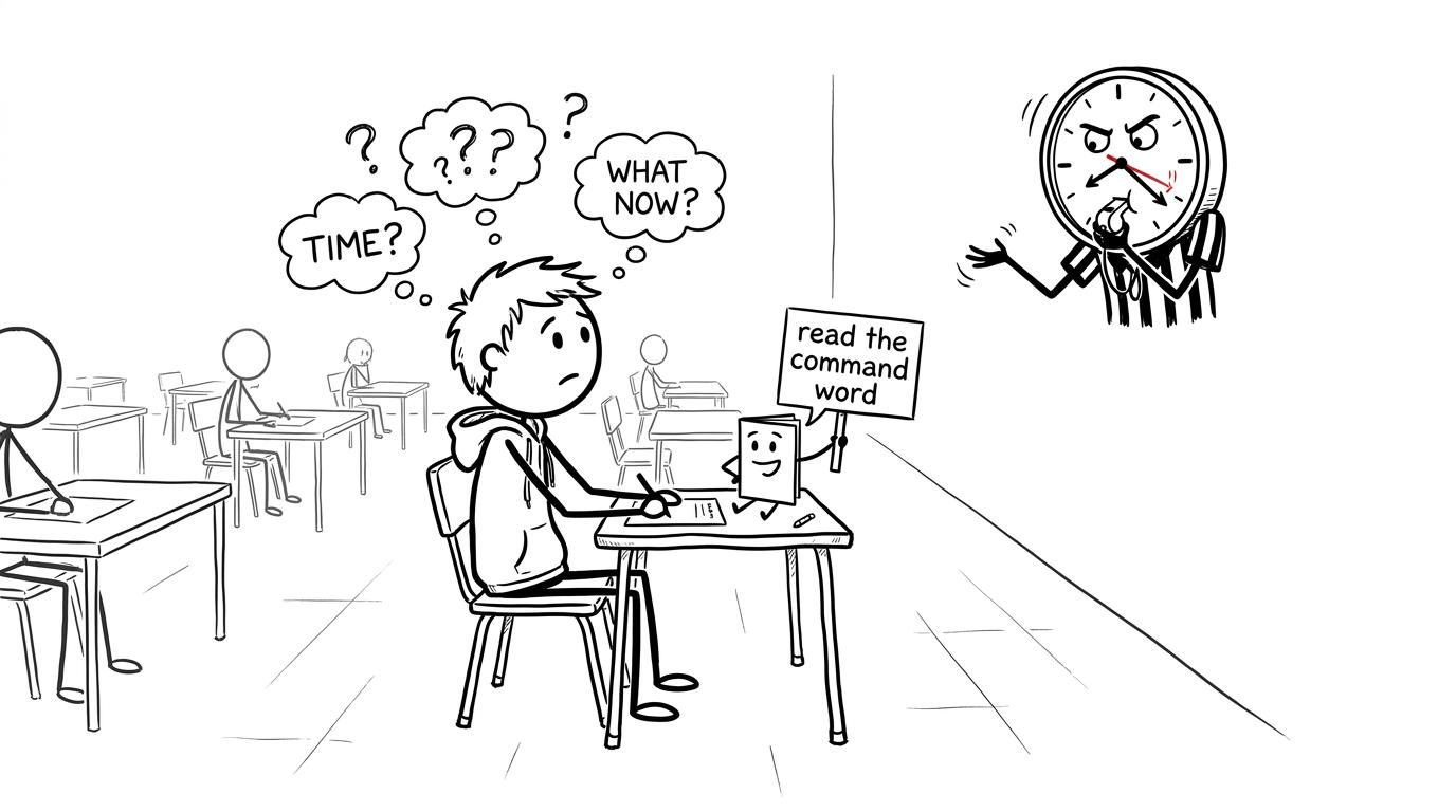 A GCSE student negotiates calmly with an impatient exam clock