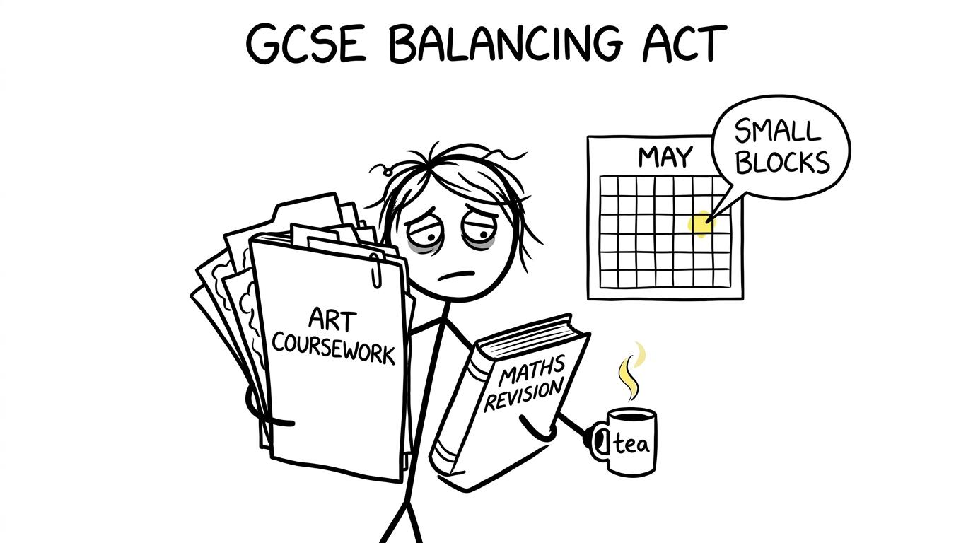 A student balancing an art portfolio, maths revision and a cup of tea