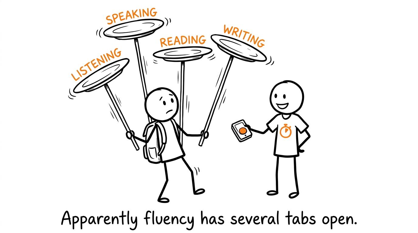 A student balancing listening, speaking, reading and writing
