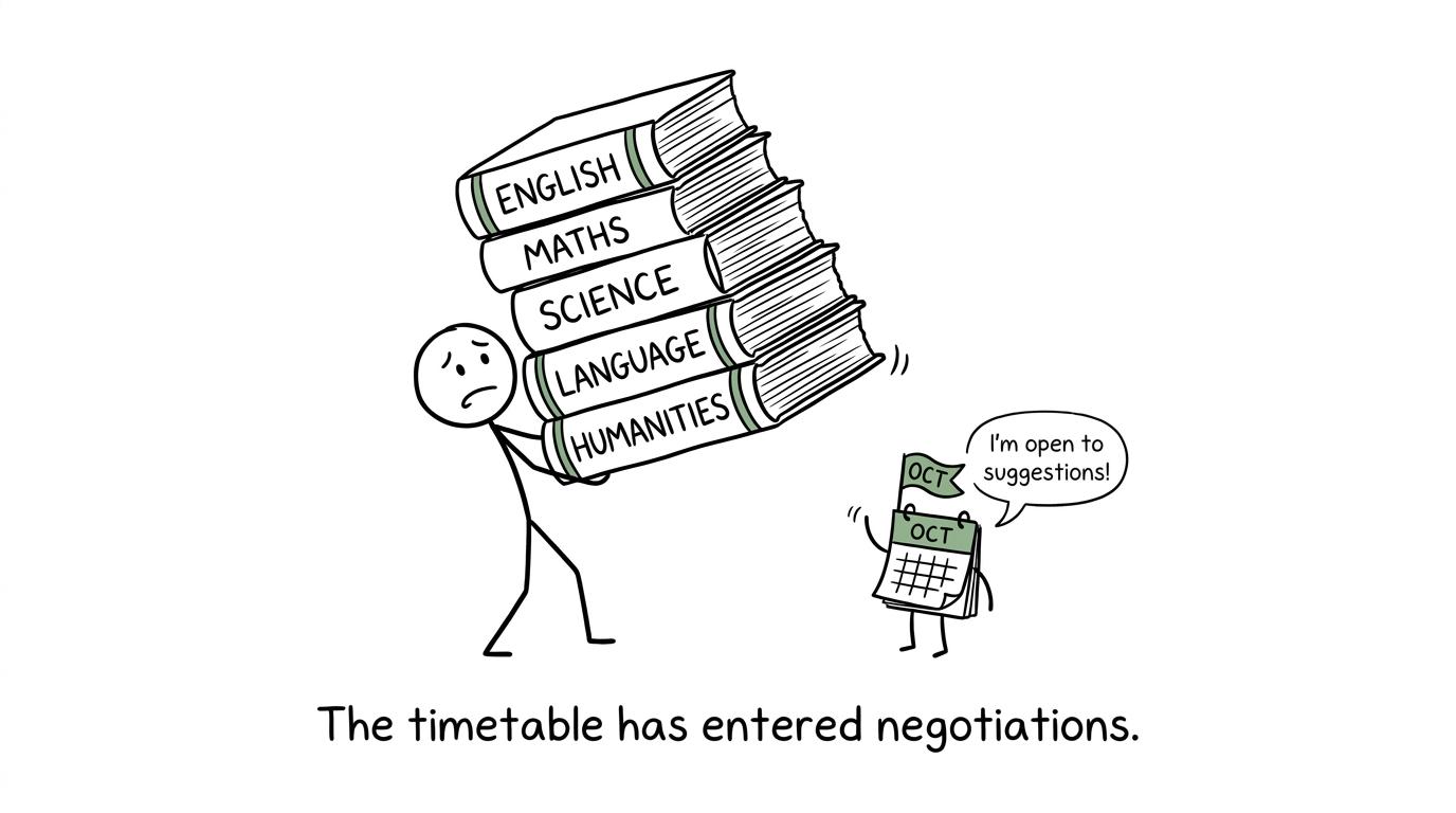 A student negotiates with a crowded GCSE revision timetable