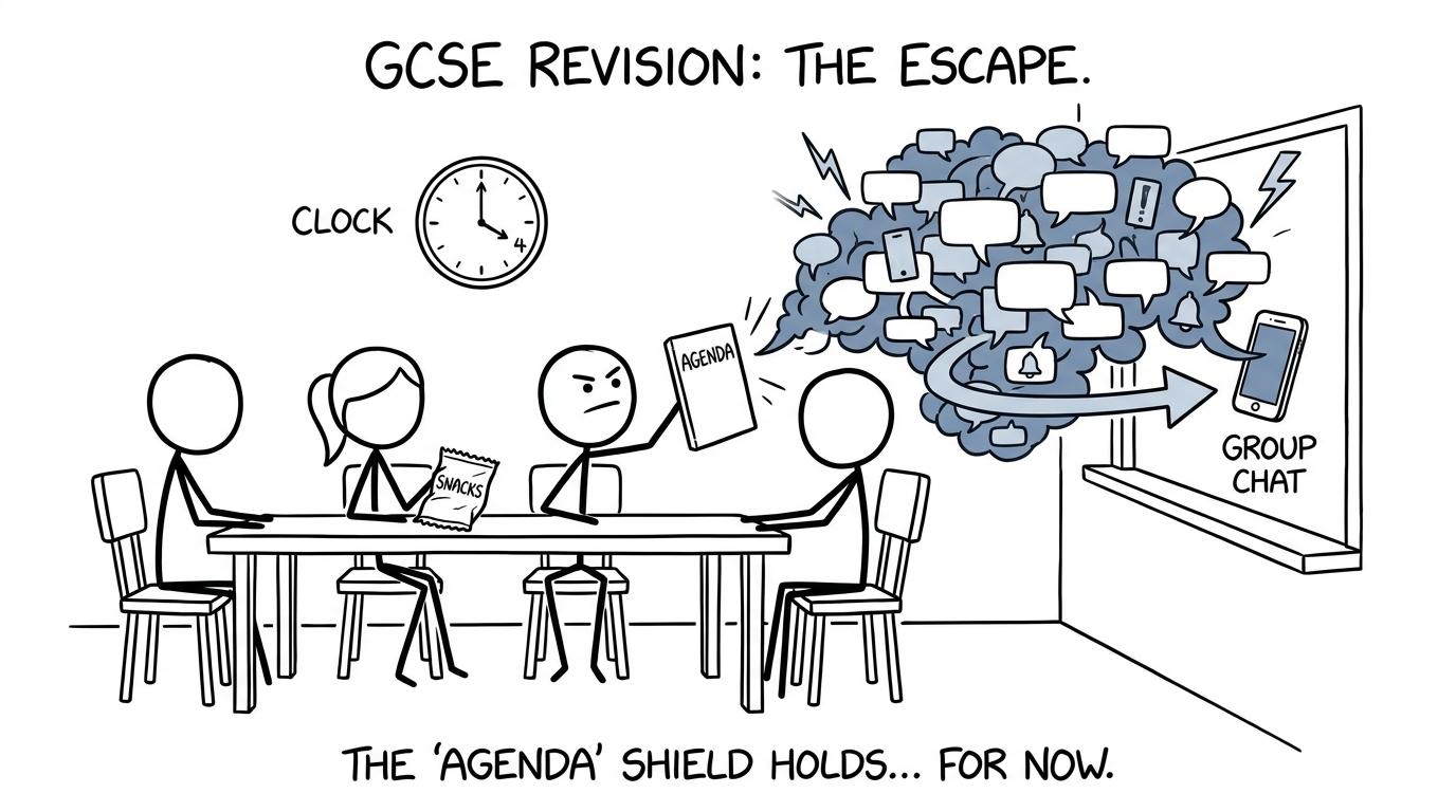 A focused study group escaping a storm of group-chat notifications