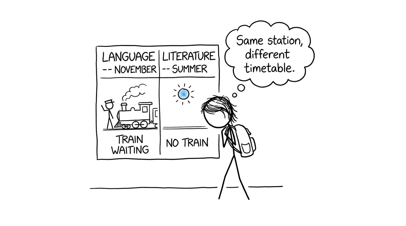 A student discovers that English Language and Literature leave from different exam-series platforms