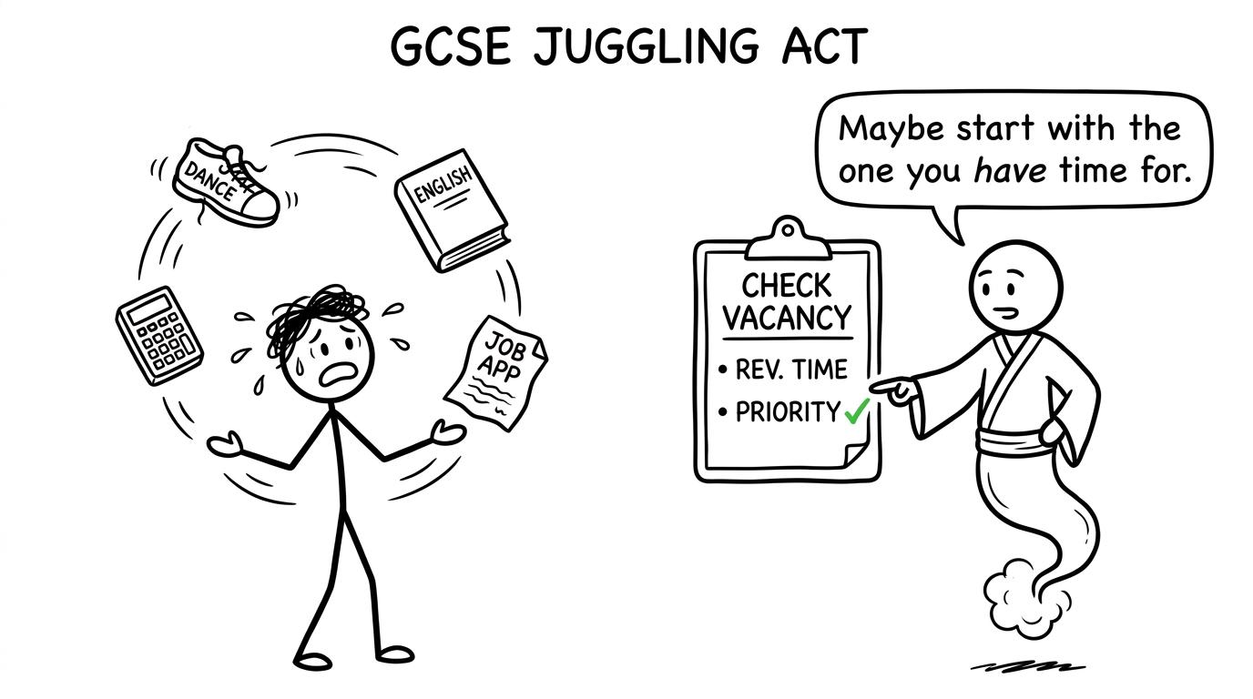 A student juggling a dance shoe, calculator and application while following a simple vacancy checklist