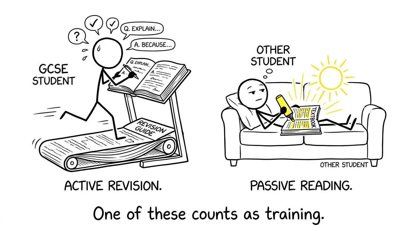 One student actively trains while another highlights an entire page