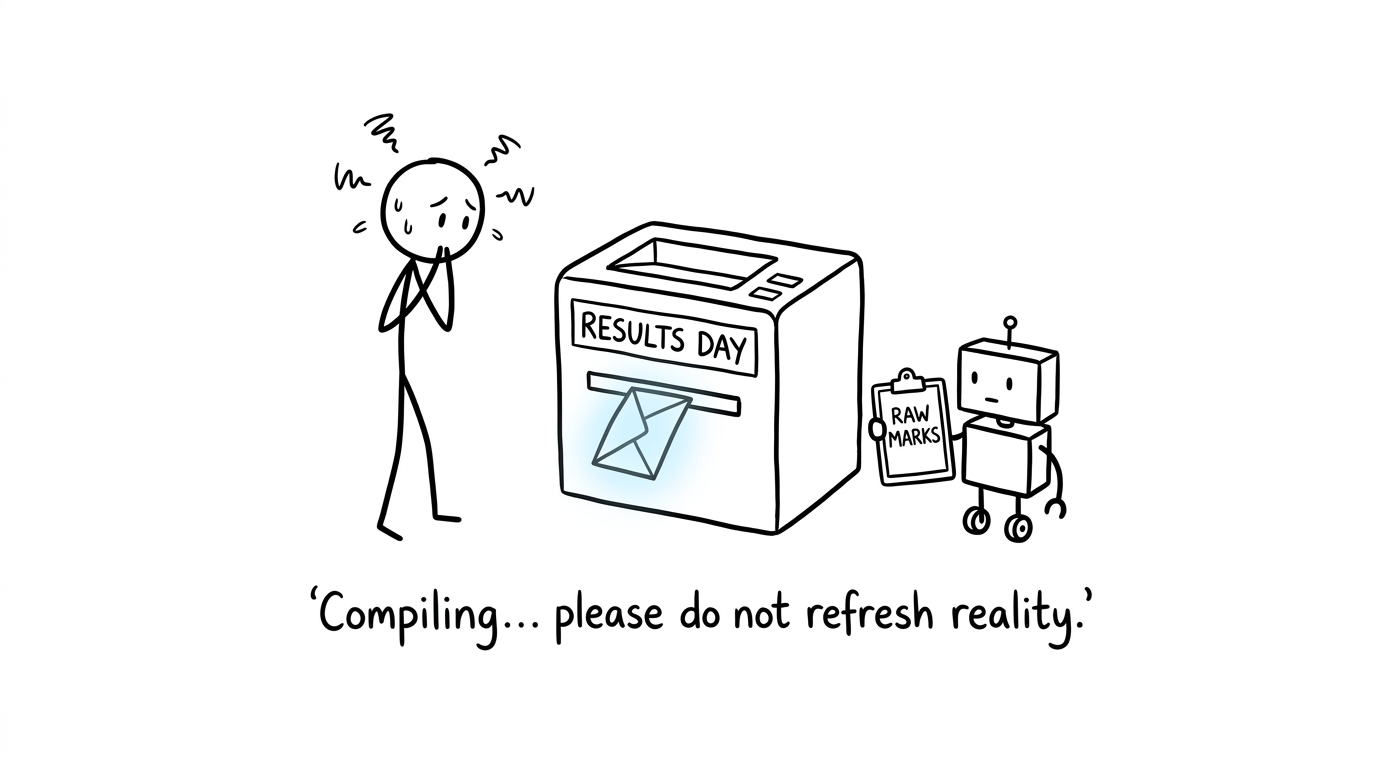 A student waiting for the results-day printer to finish compiling reality
