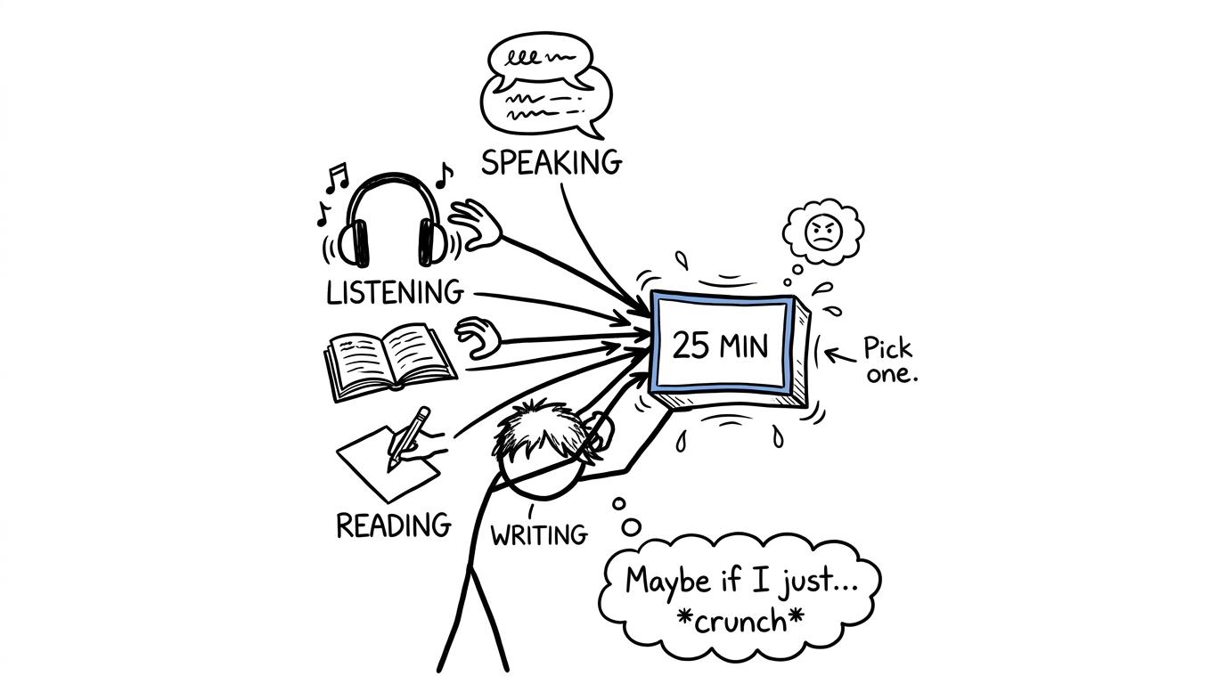 A tiny revision box protests as a student tries to squeeze listening, speaking, reading and writing into one session
