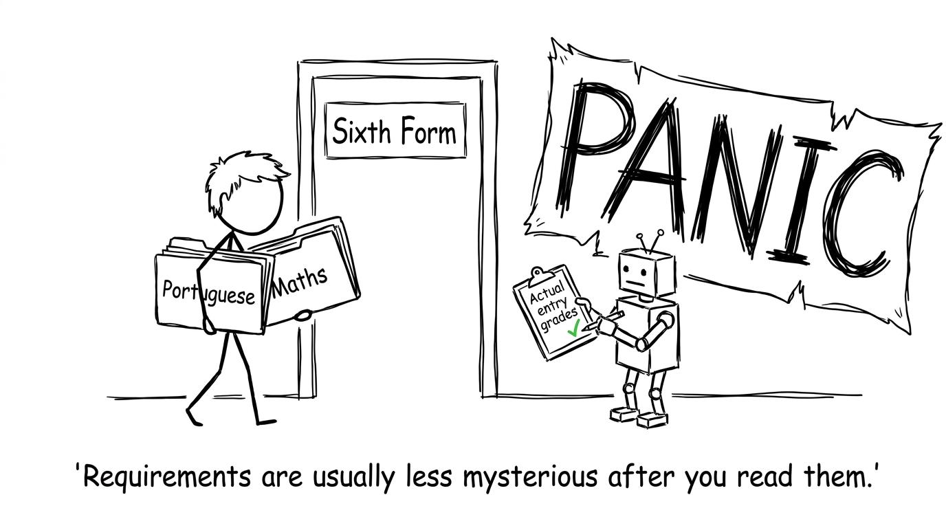 A sixth-form admissions robot checks actual entry grades while ignoring a dramatic panic banner