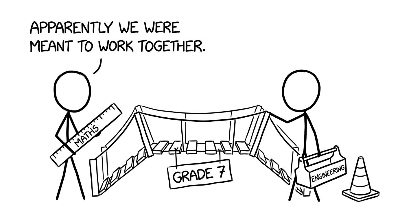 Maths and Engineering discover that they were supposed to build the grade 7 bridge together