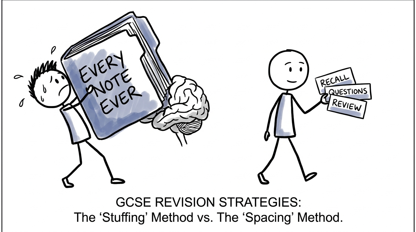 A student replacing an enormous folder of notes with three manageable revision cards