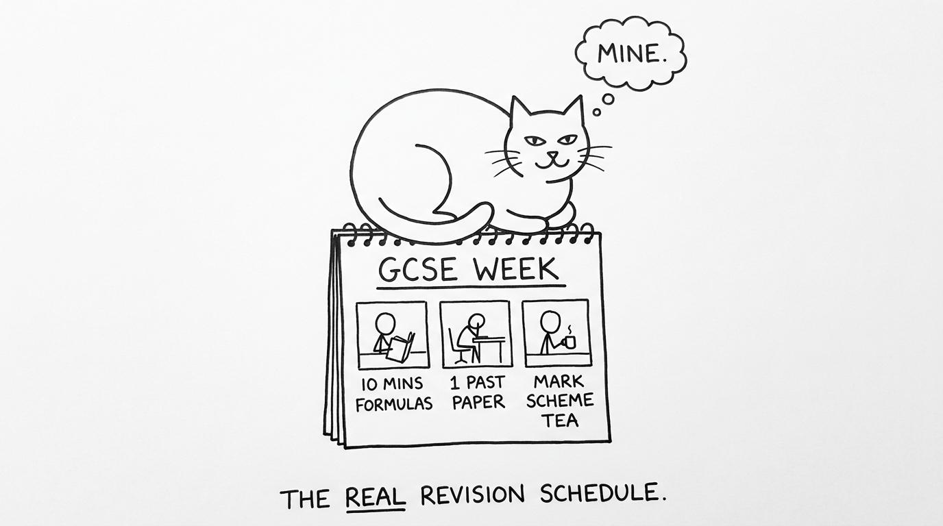 GCSE week calendar with cat on planner