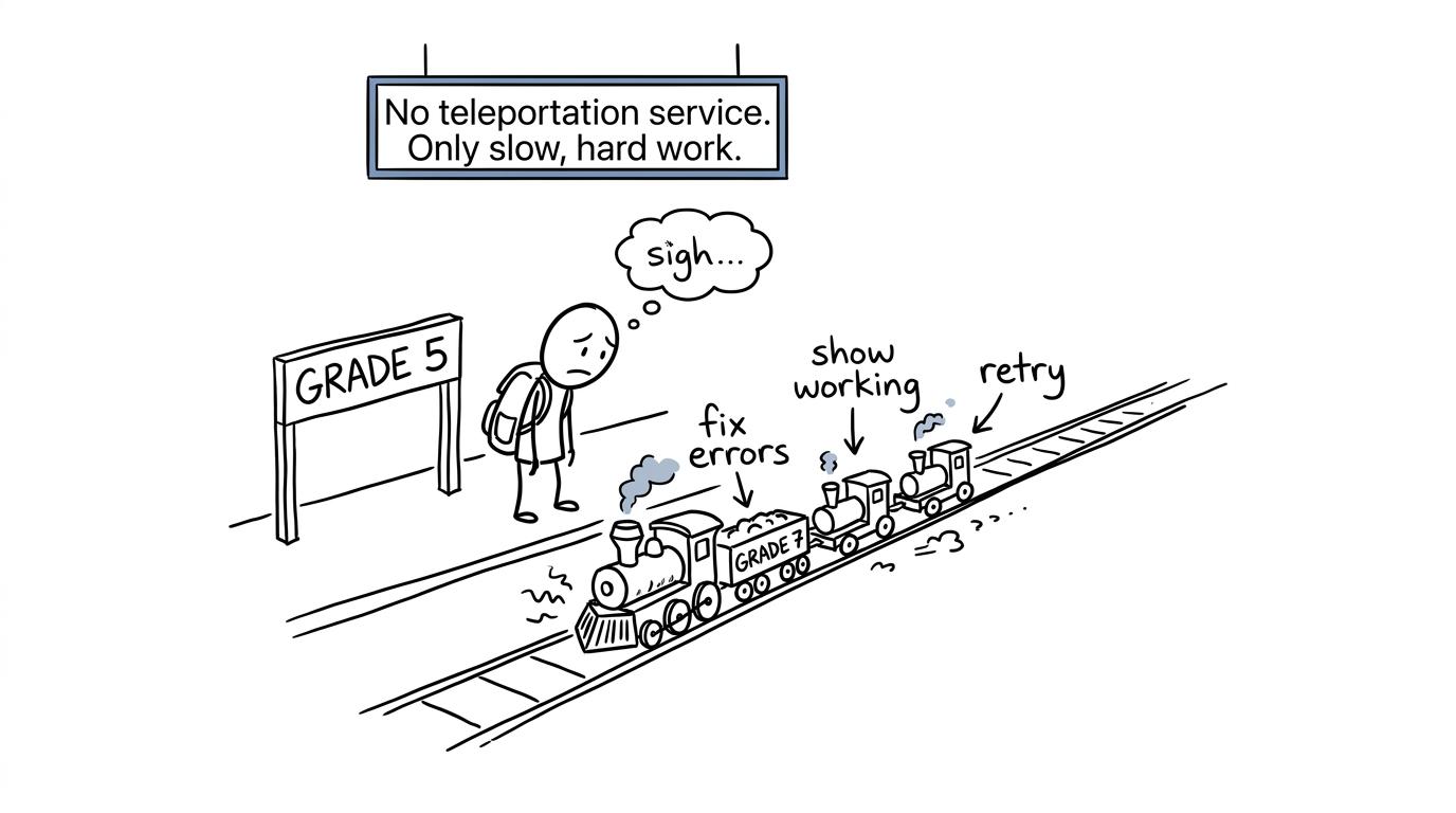 A student waiting for the grade 7 train powered by fixing errors, showing working and retrying