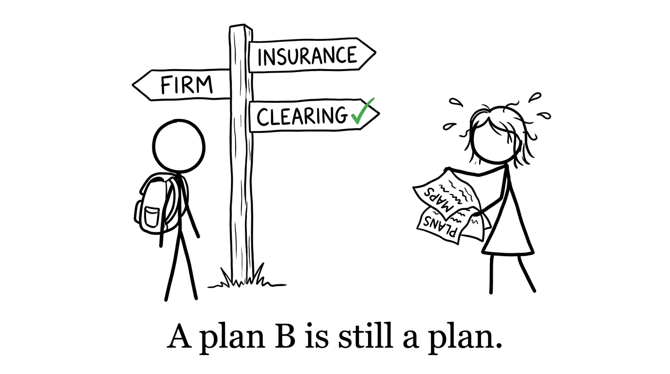 A calm student chooses between Firm, Insurance and Clearing while a parent studies maps