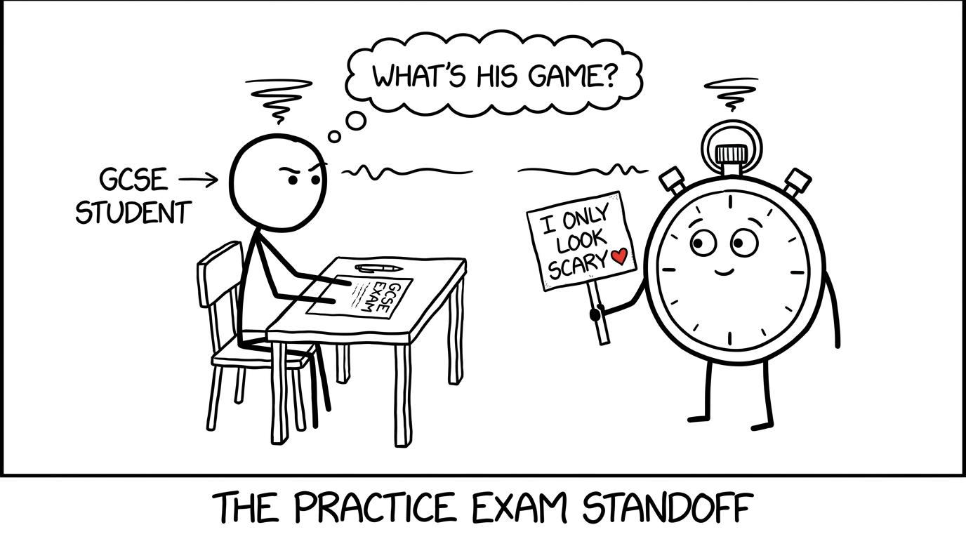A student and a supposedly scary stopwatch face each other across an exam desk