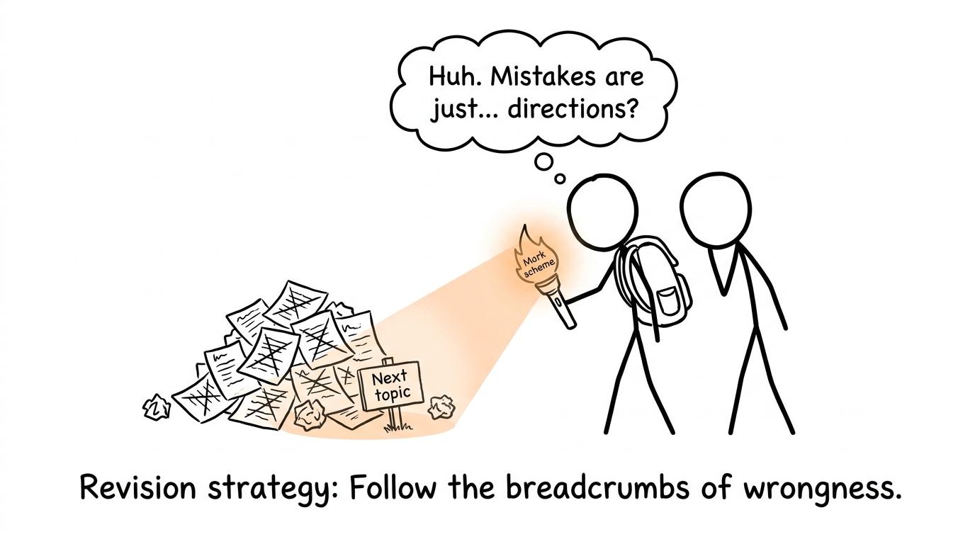 A mark scheme torch reveals that mistakes point towards the next revision topic