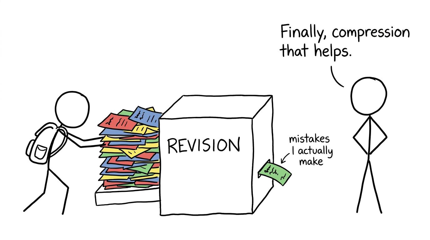 A revision machine compresses a huge pile of notes into a useful list of mistakes
