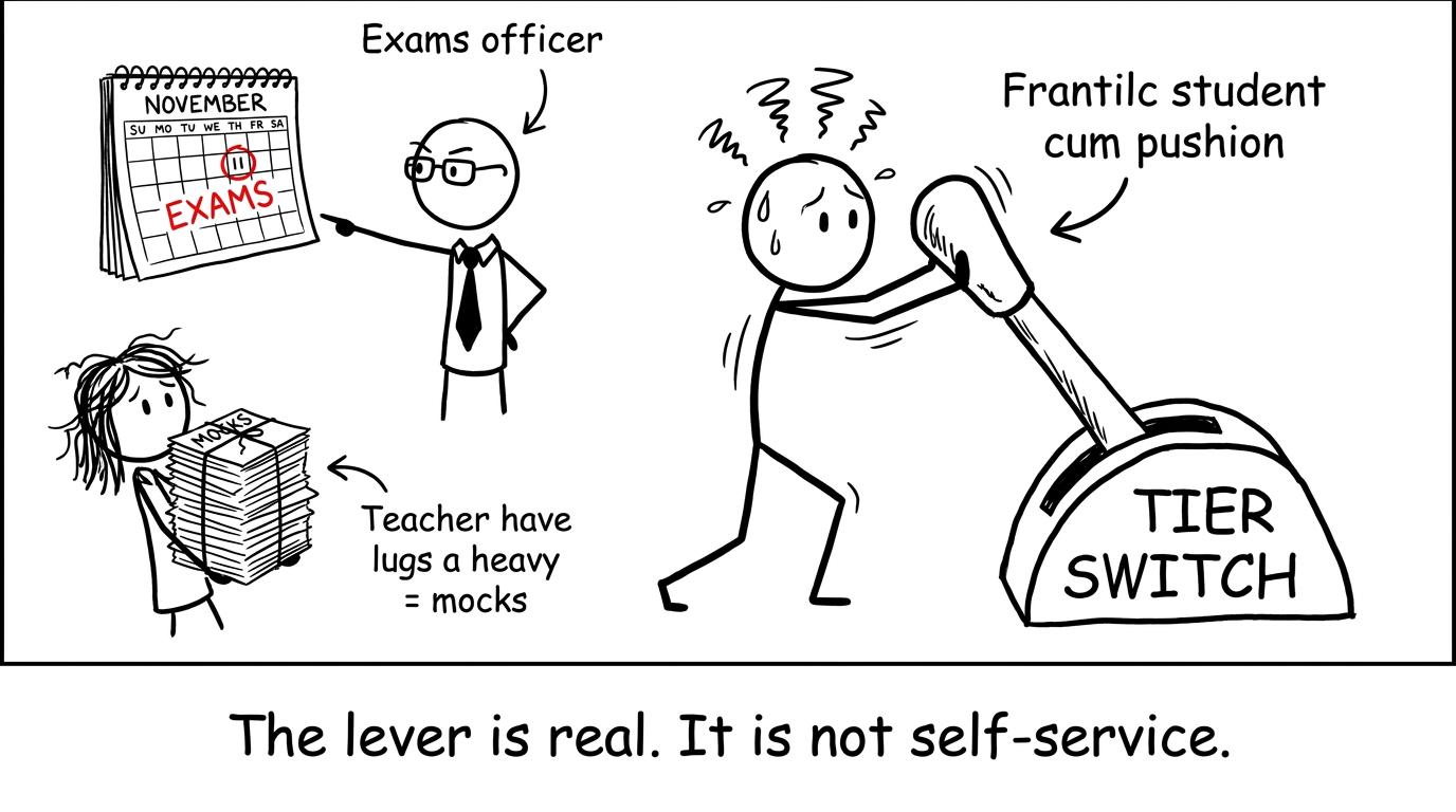 A student discovers that the tier-switch lever is controlled by the exams office
