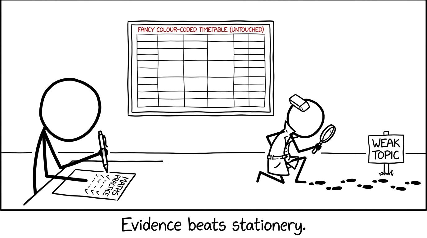 An eraser detective follows evidence towards a weak maths topic while a decorative timetable sits in a museum