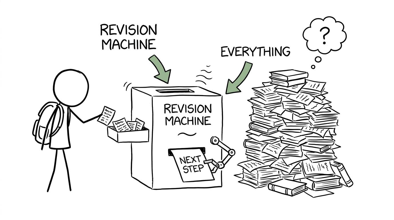 A revision machine turning a pile of everything into one manageable next step