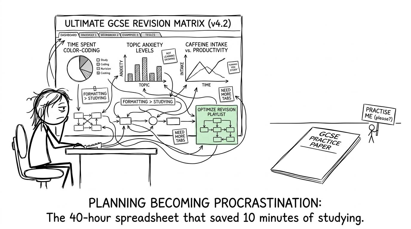 A student perfecting a revision dashboard while an exam paper asks to be practised